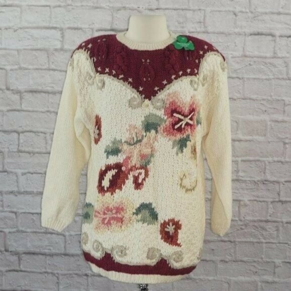 Vintage 80s Cottagecore Floral Handknit Sweater Medium New - Picture 1 of 7